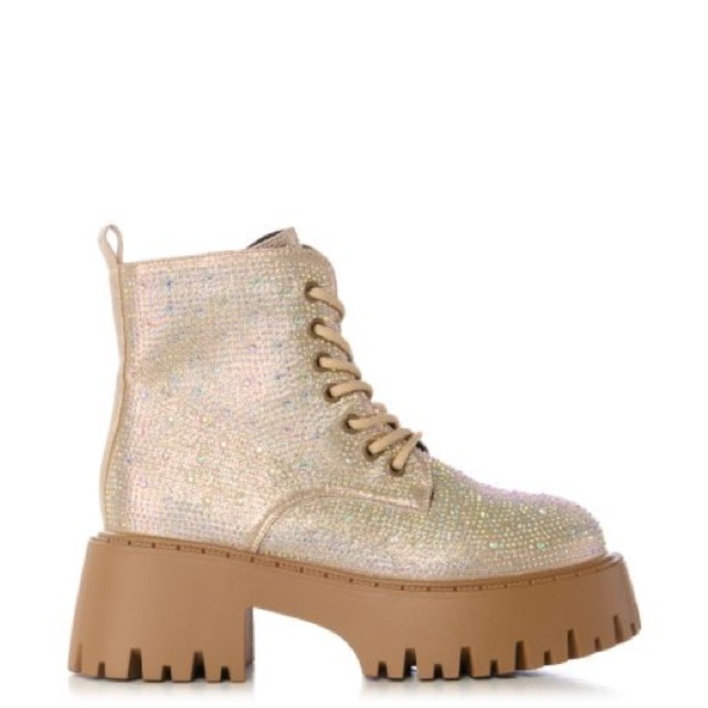 AZALEA WANG Gold Rhinestone Combat Booties - Picture 2 of 5